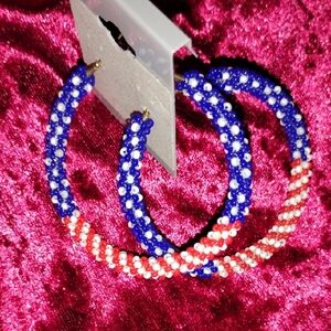 Blue and Red Beaded Hoop Earrings